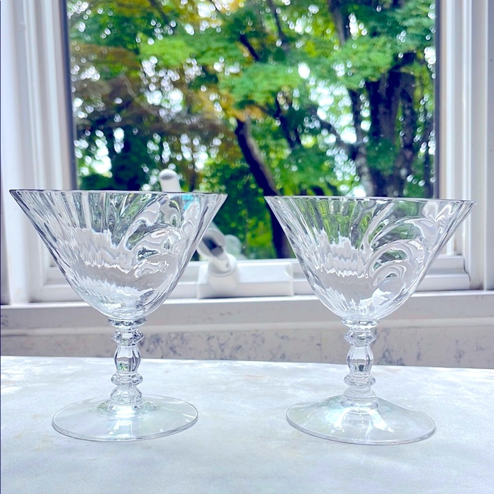 Stemmed Crystal Low Wine Glasses Art Deco Pair Vintage Caprice Pattern No Chips